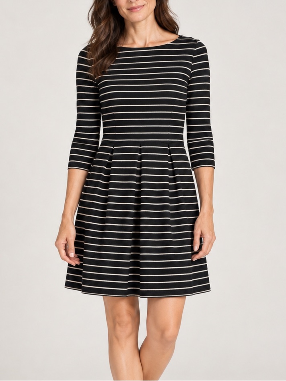 Banana Republic Black Cream Striped Fit Flare Dress Cotton Stretch Preppy Office